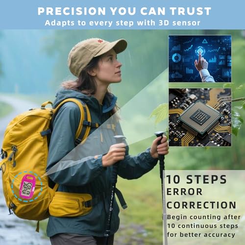 Clip-on 3D Pedometer for Walking Steps Counter with Lanyard, Simple Exercise Tracker for Women and Seniors with Large Accurate Digital Display, Portable Minimalist Sports Monitor - color: Pink