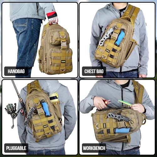 PLUSINNO Fishing Backpack Tackle Bag, Water-Resistant Backpack with Rod Holder, Ideal Gifts for Men - color: Khaki Fishing Backpack With 2 Boxes (No Rod)