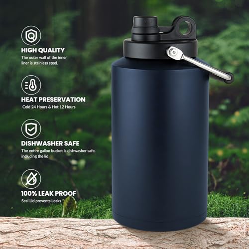 1 Gallon Water Bottle Insulated Stainless Steel Keeps Ice 48Hr, Large Water Gallon Jug Wide Mouth Leakproof Vacuum for Gym, Camping, & Construction Navy Blue (with Straw) - color: Navy Blue (with Straw)