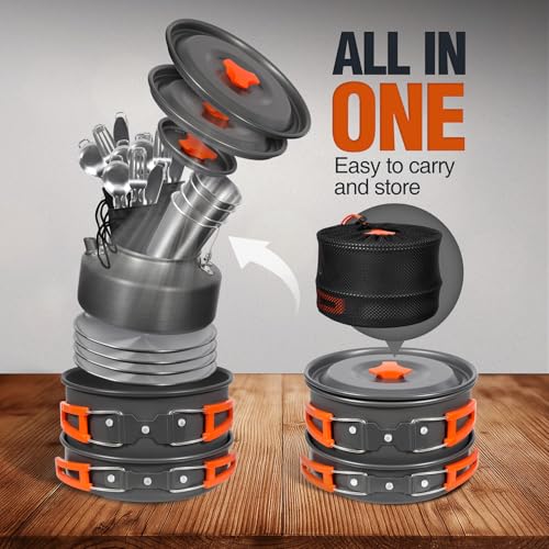 REDCAMP 6/10/11/12/14/15/19 PCS Camping Cookware Mess Kit Camping Gear Campfire Utensils Lightweight Stackable Pot Pan Bowls Soup Spoon with Storage Bag for Camping, Backpacking, Outdoor Cooking - style: Orange,25 Pcs W/Kettle
