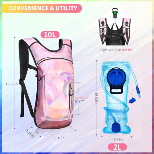Hydration Backpack, Water Backpack with 2L Hydration Bladder, Rave Backpack Hydration Pack, Festival Essential for Raves, Hiking, Cycling, Climbing, Running, Outdoor, Camping and More - color: Holographic - Pink