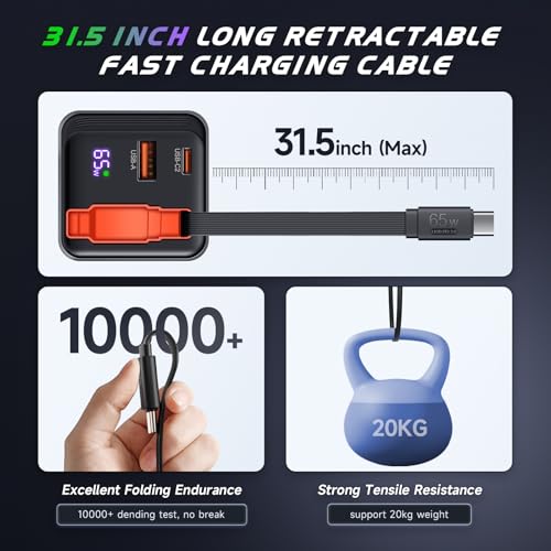 65W Retractable Wall Charger, USB C Charger Block Built-in Type C Cable