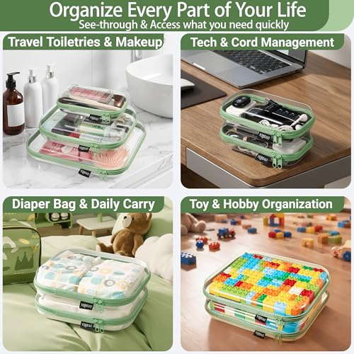 YQBRAO Clear Hard Shell Zipper Cases, 3 Large Travel Organizers, Green - color: Green, size: 3 Pack(L)