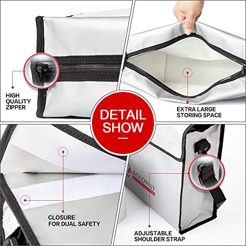 ROLOWAY Fireproof Document & Money Bags, Large Fireproof & Water Resistant Bag (15 x 12 x 5 inches), Fireproof Folder Safe Bag for Cash, Valuables & Passport, with Silicone Coating & Zipper Closure - size: Large + Small, style: Silver Without Reflective S