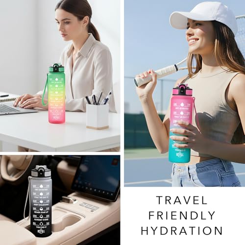 Hyeta Water Bottle with Straw & Time Marker, Plastic 32oz Leakproof - color: Black Matte