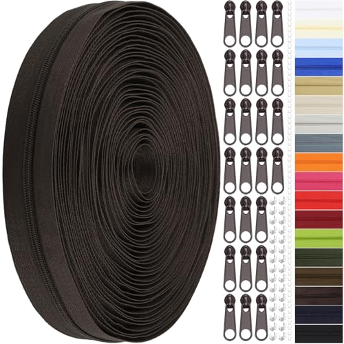DOITEM 12 Yards Nylon Coil Zipper by The Yards, #3 Bulk Zippers for DIY Sewing Craft Bags with Replacement 25PCS Sliders (Brown, #3) - color: Brown, size: #3