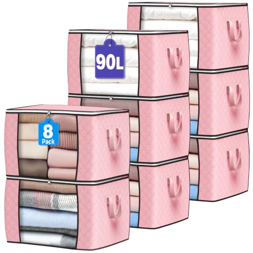 90L Large Storage Bags, 8 Pack Clothes Storage Bins Closet Organizers - color: Pink, size: 8 Pack-90L