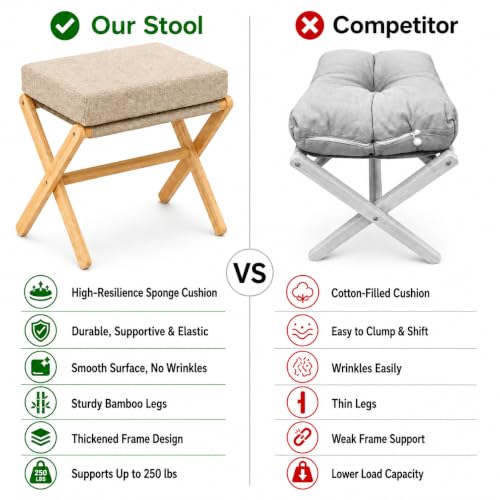 BAMBOOHOMIE Foldable Foot Stool Ottoman, Modern Foot Rest with Bamboo X Legs & Thick Foam Cushion, Folding Foot Stools Small Padded for Bedroom Living Room, Footstool for Chair Couch (Natural - Brown) - color: Natural - Brown
