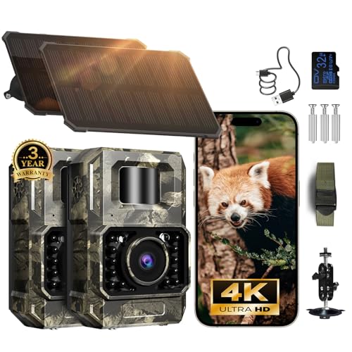 MAXDONE 2Pack Solar Trail Camera, 4K WiFi Bluetooth Night Vision GameCamera | Trail Cameras with Night Vision Motion Activated IP66 Waterproof Game Camera 32GB SD Card Included for Deer Hunting Wildlife - size: PH960W-2 pack