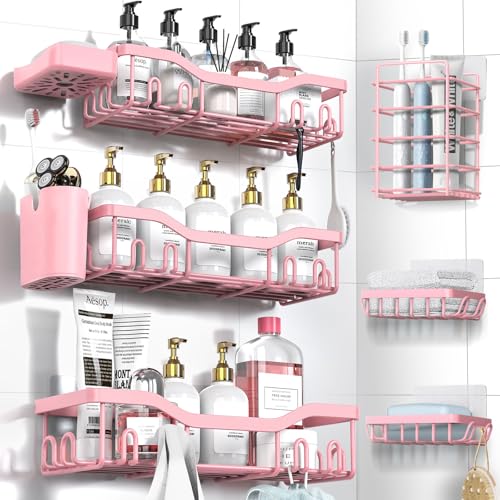 NESOMI Shower Caddy Adhesive Shower Organizer 8-Pack, Rustproof Stainless Steel Bathroom Shelves, Large Capacity No-Drill Rack Storage Accessories with Soap Dish Toothbrush Holder Hooks - color: Pink, size: 8-Piece Set