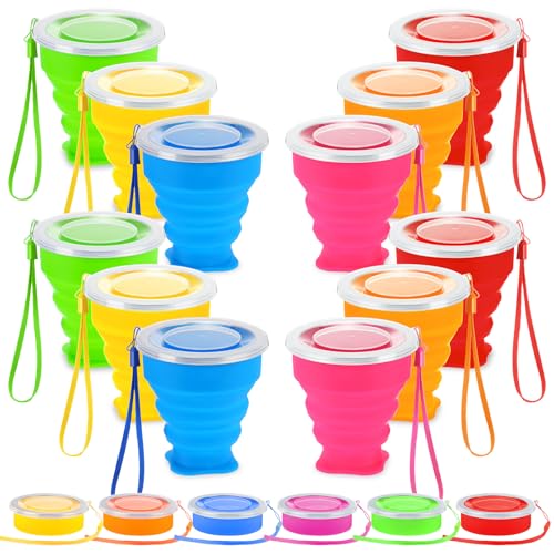 12 Pcs Silicone Collapsible Cup with Lid, 7.04 oz - color: Bright Colors