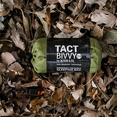 Survival Frog Tact Bivvy 2.0 Emergency Sleeping Bag with Stuff Sack, Carabiner & Survival Whistle – Compact, Lightweight, Waterproof, Reusable Thermal Bivy Sack Shelter Kit - color: New 2.0 Tactical Green