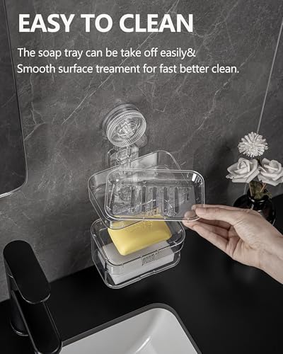 Suction Cup Soap Dish - Clear Suction Soap Holder with High-Density Sponge, Strong Suction & Reusable Adhesive NO-Drilling Waterproof Soap Sponge Holder for Shower Bathroom Kitchen-2 Layer - style: 2 Layer+Sponge