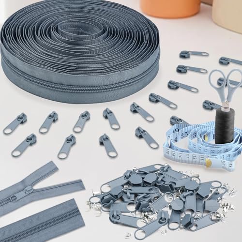 DOITEM 10 Yards Nylon Coil Zipper by The Yards, #5 Bulk Zippers for DIY Sewing Craft Bags with Replacement 20PCS Sliders (Grey, #5) - color: Grey, size: #5