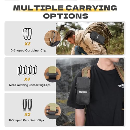 Hikeen X-Pac Backpack Strap Pouch for Smartphone, Weatherproof Durable Tactical Molle Phone Pouch with Carabiner, Molle Backpack Phone Holder Fit Outdoor/Hiking/Climbing - style: Black-1pcs