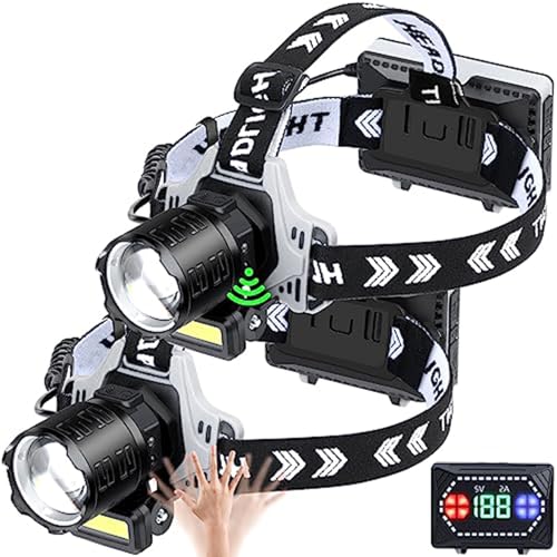 LED Headlamp Rechargeable 1000 Lumens Super Bright with 10 Modes & Motion Sensor, 2 Pack Head Lamp with Zoomable, IPX7 Waterproof, 135°Adjustable for Outdoor Hiking Camping