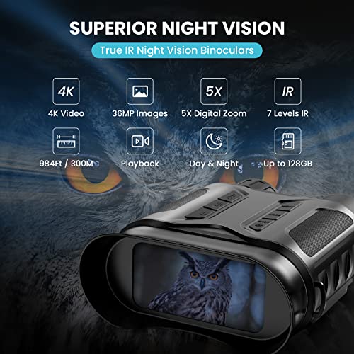 4K Digital Night Vision Goggles Binoculars for Total Darkness, Infrared Digital Night Vision, 32GB Memory Card for Photo and Video Storage, 3'' Large Screen Perfect for Hunting and Farm Monitoring