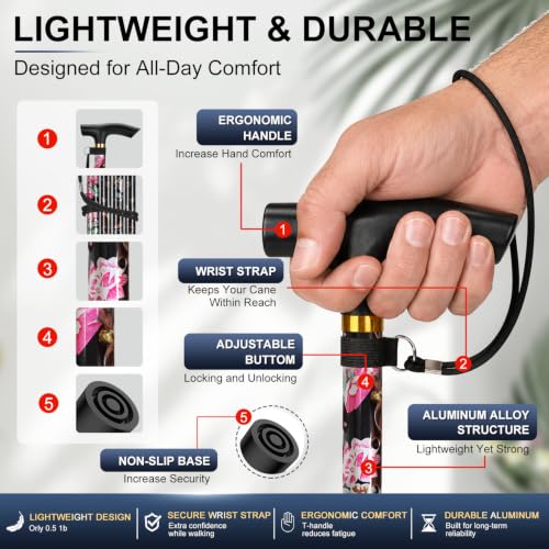 supregear Folding Cane, 5-Level Adjustable Height Walking Stick Lightweight Collapsible Portable Travel Cane with Wrist Strap and T Handle for Elderly Disabled Men Women - color: Black Floral