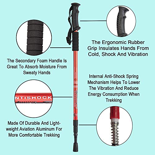 Aihoye Hiking Trekking Poles, 2 Pack Walking Hiking Sticks for Men &Women - color: red