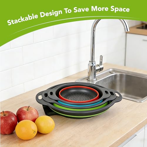 Collapsible Colander Set of 3 with Kitchen Counter Self-draining Base, Round Silicone Food Foldable Strainer for Cooking Pasta, Vegetables and Fruit (3QT, 4QT and 5QT) - color: Multicolor
