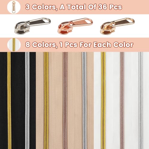 DOITEM 17.8 Yards Endless Zippers by The Meter Black White Zipper 6 mm Spiral + 32 Nonlock Zippers (Gold Silver Rose Gold) - color: #5 8 Multicolour