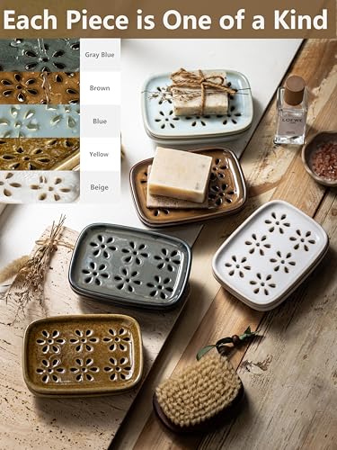 Miamolo 2 Layer Soap Dishes for Shower with Drainage, Keep Soap Bars Dry | Ceramic Bar Soap Holder Saver, Self Draining Top, Removable Drip Tray Non-Slip, Bathroom Kitchen Sink Dishwasher Safe, Yellow - color: Yellow