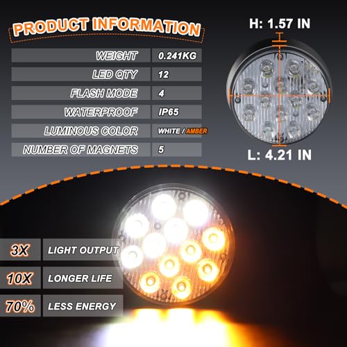 2PCS Magnetic Strobe Lights Emergency Beacon Hazard Lights | Magnetic Flashing Safety Warning Light, Rechargeable Battery Operated Wireless LED Road Flares Caution Strobe Light for Truck - color: Amber&White