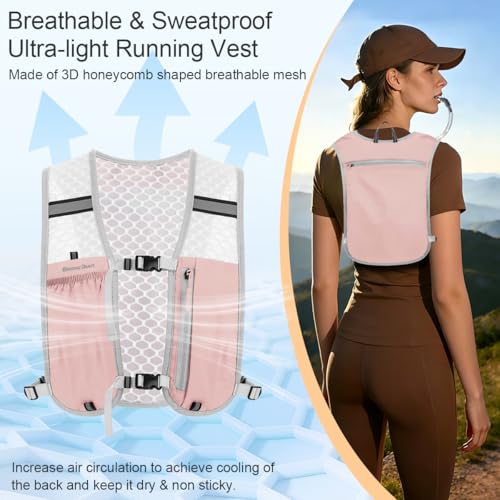 Running Vest Hydration Backpack for Men Women, Lightweight Breathable Hydration Packs, Adjustable Chest Straps Daypack, Reflective Water Running Vest for Marathon, Trail, Hiking, Cycling - color: Pink