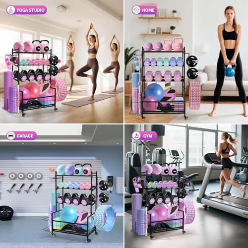 Home Gym Storage Rack for Dumbbells Kettlebells Yoga Equipment, Compact Design with Wheels, Adjustable Pegs, 350lbs Weight Capacity, 3-Layer Storage for Organize All Workout Gear - Black