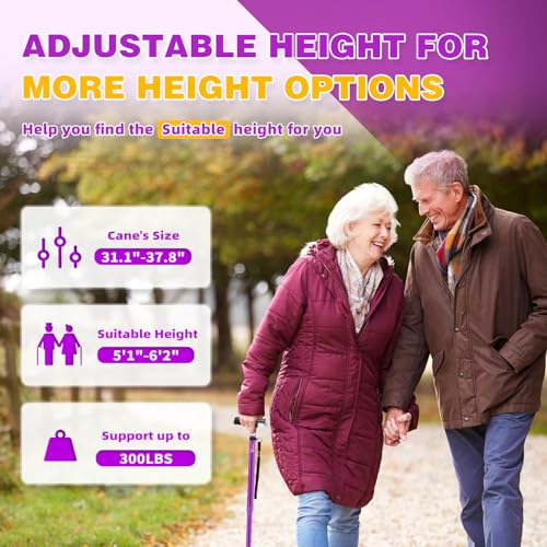 BeneCane Walking Cane for Women Folding Cane for Men with Two Led Lights Quad Cane with Stable Base Lightweight and Adjustable Walking Stick - color: Purple