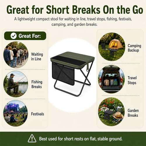 Portable Folding Stool for Adults, Foldable Backpack Stool with Shoulder Strap, 1.77 lb Lightweight Camping Stool with Side Pocket, Travel Seat for Fishing, Hiking, Gardening, Festivals, Green, 1 Pack