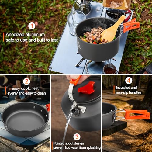 THTYBROS 17pcs Camping Cookware Mess Kit,for Camping,Backpacking,Picnic | 0.45Gal Pot,7inches Pan,0.30Gal Kettle Set with 2 set Stainless Steel Cups Plates Forks Knives Spoons,Pots, Pans & Griddles