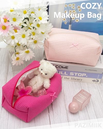 Cozy Makeup Bag for Women,Zipper Cosmetic Pouch,Waffle Hotpink,2 Pack - color: Waffle Hotpink