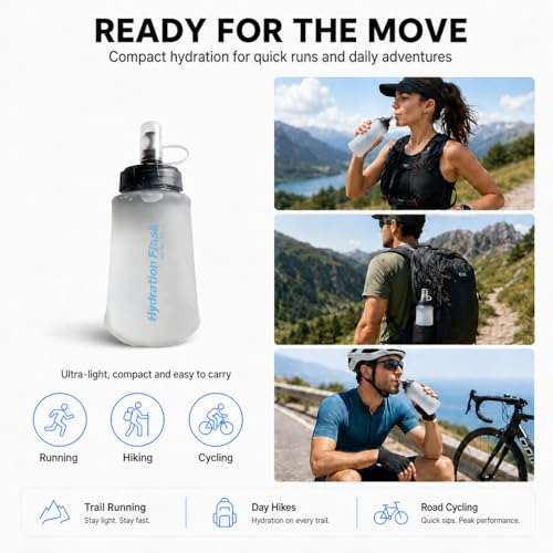 Soft Flask Collapsible Water Bottle, BPA-Free TPU Folding Hydration Flask with Dust Cover for Trail Running, Hiking & Cycling (8.5, Fluid Ounces)