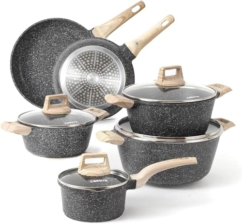 Carote Nonstick Granite Cookware Sets 8 Pcs Stone Cookware Set,non stick frying pan set, pots and pans set (Granite, induction cookware) - color: Classic Black, size: 10 Piece