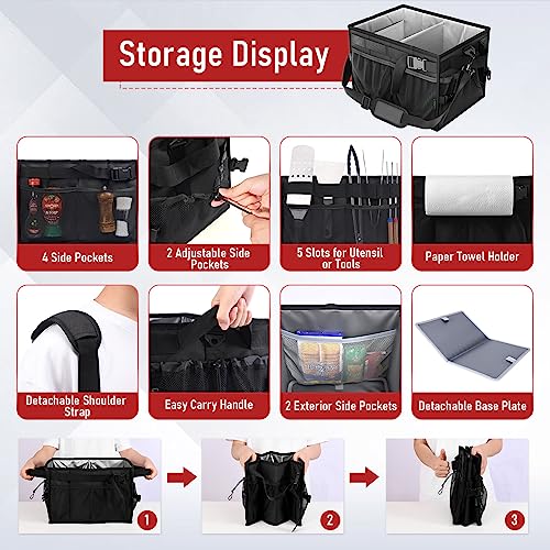 FANGSUN Grill Caddy, Foldable BBQ Caddy with Paper Towel Holder, Black | 11 Compartments, Easy-Clean Aluminum Interior, 1680D Oxford Fabric, Water-Resistant, Shoulder Strap Included, Tailgating - style: Black