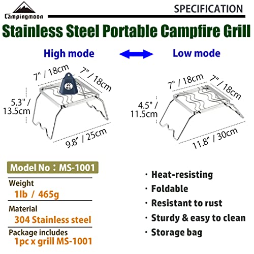 CAMPINGMOON Portable Folding Camping Campfire Grill over Fire Split Stoves 304 Stainless Steel (7’’L (MS-1001)) - color: 7''L (MS-1001)