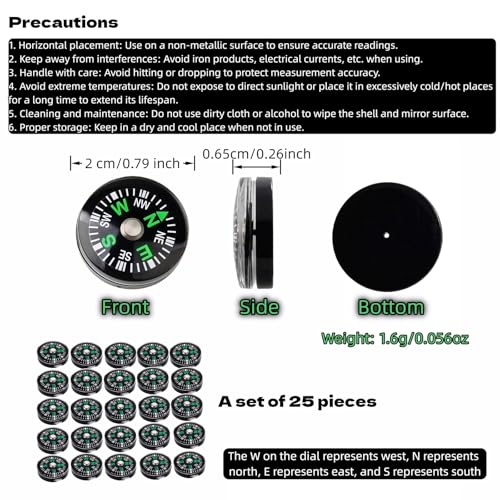 25-Pack Mini Liquid Filled Compass - 20mm Pocket Sized Directional Compass for Hiking, Camping, Survival, Outdoor Activities, Emergency Kits, and Gifts, Black with Green Markings
