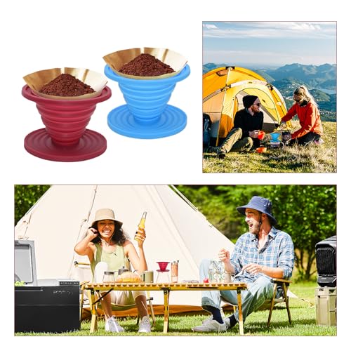 2 Pcs Collapsible Pour Over Coffee Dripper,Reusable Silicone Coffee Filter Holder,Food Grade Silicone,Suitable For Camping,Picnic,Party,Traveling,Office(Blue + Red)