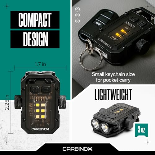 CARBINOX Flashlight Mini, 300 Lumens Rechargeable LED+COB Light, Dual Independent Switches, 7 Modes w/Red-Blue Warning, USB-C Fast Charging, Cap-Clip Hands-Free Use