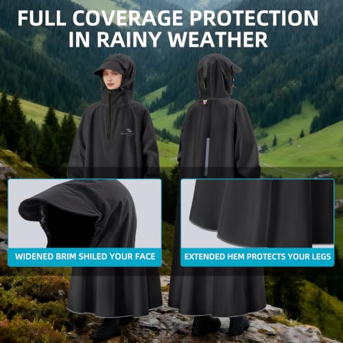 Waterproof Rain Poncho, Reusable Hooded Long Raincoat - color: Black, size: X-Large