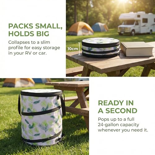 Collapsible Trash Can camping with Zipper Lid, 24 Gallon Pop Up Trash Can for Camping & RV Storage and Organization, 900D Oxford Waterproof Portable Garbage Can with Hard Bottom & Ground Stake