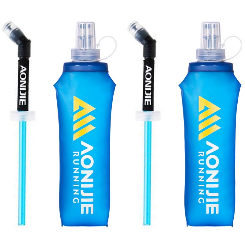 AONIJIE TPU Soft Flask Water Bottle Collapsible Running Flask for Hydration Pack, BPA Free, Wide Opening, for Outdoor Sports Hydration - color: C#500ml with straw- 2Pcs