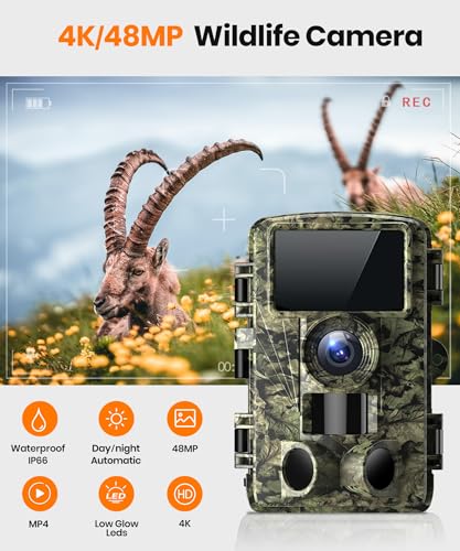 4K 48MP WiFi Trail Camera with Bluetooth App, Night Vision Game Camera, 0.05s Trigger Speed, IP66 Waterproof, 130° Wide Angle for Wildlife Monitoring