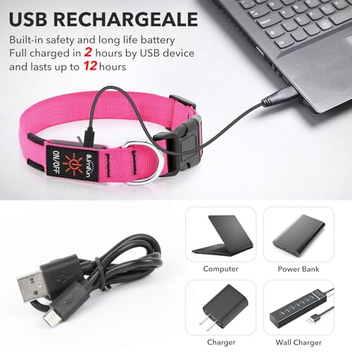 Illumifun LED Dog Collar, USB Rechargeable Light Up Dog Collars, Waterproof Adjustable Safety Collar Light for Small Dogs Walking at Night (Pink, Small) - color: Pink, size: Small