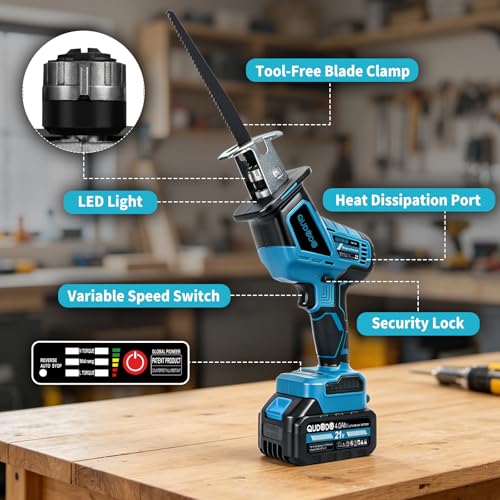 Mini Reciprocating Saw, 21V Brushless Cordless Reciprocating Saw With 2x4.0Ah Battery, 3 Variable Speed Tool-Free Blade Change And LED Light, Hand Recíproca For Woods/Metal/Plastic Cutting