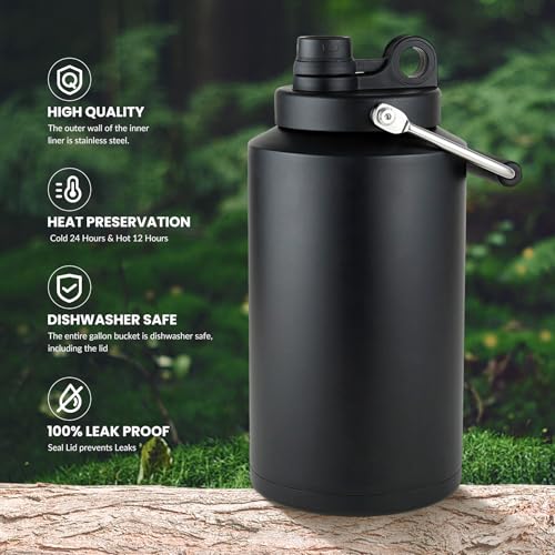 1 Gallon Water Bottle Insulated Stainless Steel Keeps Ice 48Hr, Large Water Gallon Jug Wide Mouth Leakproof Vacuum for Gym, Camping, & Construction Black (2 Packs) - color: Black (2 Packs)