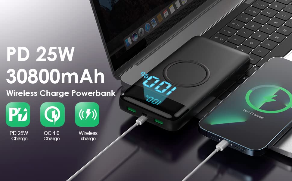 Wireless Portable Charger 30800mAh,15W Wireless Charging 25W PD QC4.0 Fast Charging USB-C Power Bank, 4 Output Travel Essential External Battery Pack Compatible with iPhone 17/16/15/14,Galaxy,Android - color: A-Matte Black