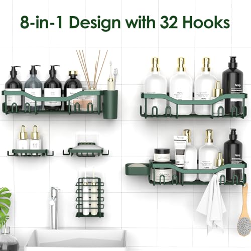 NESOMI Shower Caddy Adhesive Shower Organizer 8-Pack, Rustproof Stainless Steel Bathroom Shelves, Large Capacity No-Drill Rack Storage Accessories with Soap Dish Toothbrush Holder Hooks - color: Blackish Green, size: 8-Piece Set