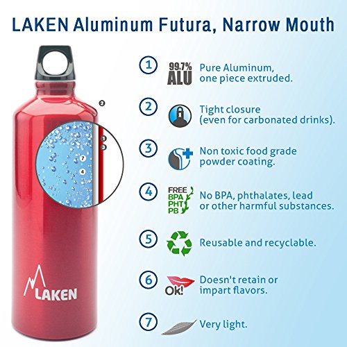 Laken Futura Aluminum Water Bottle - Narrow Mouth, Screw Cap with Loop - Leak-Proof, BPA Free, Made in Spain - 20oz, Blue - color: Blue, size: 20 Ounces